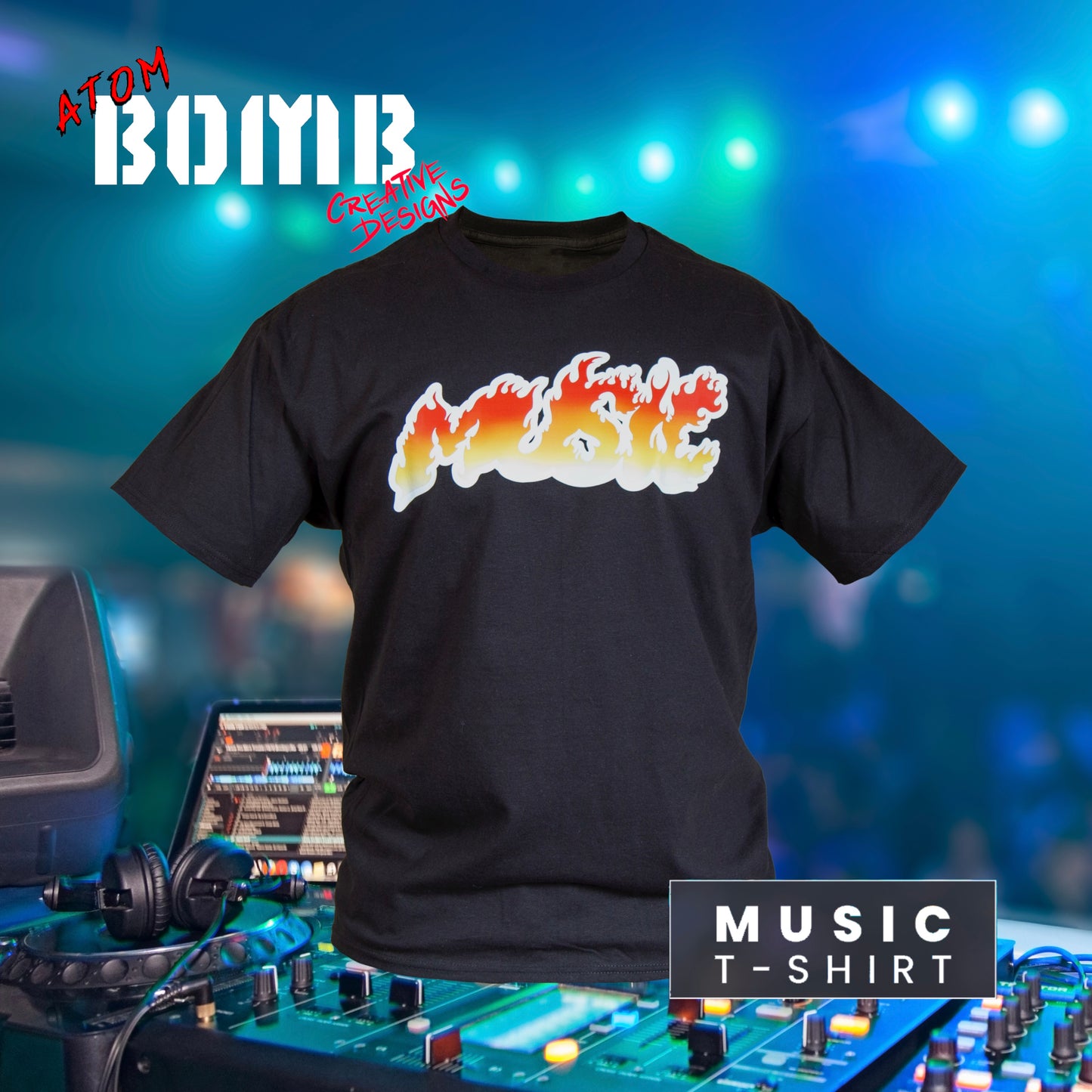 A wardrobe staple, the Music men's short-sleeve t-shirt by Bomb Apparel™ delivers the cut and quality you look for in a classic crewneck fashion tee. Details like a lay-flat collar and shoulder-to-shoulder taping are standard in men's clothing and t-shirts designed to last. Printed across the front is a clever flame design that reads "Music" created by rapper/recording artist Atom Bomb. Crafted from sturdy cotton, the Hip-Hop inspired creation is available in the color Navy or Black and various sizes.