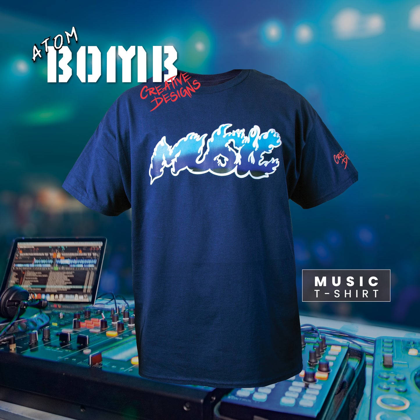 A wardrobe staple, the Music men's short-sleeve t-shirt by Bomb Apparel™ delivers the cut and quality you look for in a classic crewneck fashion tee. Details like a lay-flat collar and shoulder-to-shoulder taping are standard in men's clothing and t-shirts designed to last. Printed across the front is a clever flame design that reads "Music" created by rapper/recording artist Atom Bomb. Crafted from sturdy cotton, the Hip-Hop inspired creation is available in the color Navy or Black and various sizes.
