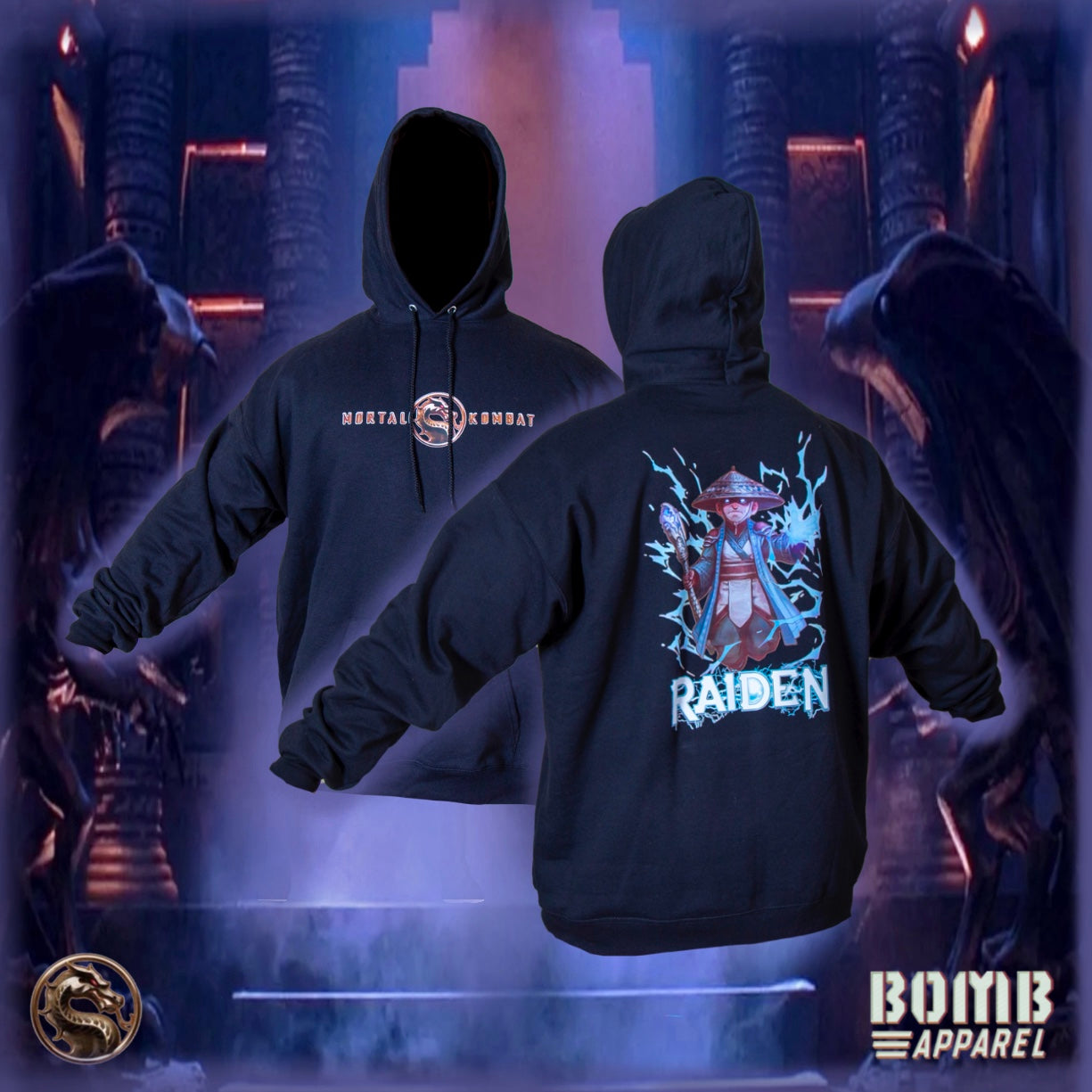 Black hoodie with 'Mortal Kombat' logo on front and 'Raiden' design on back, displayed against a dark background with characters.