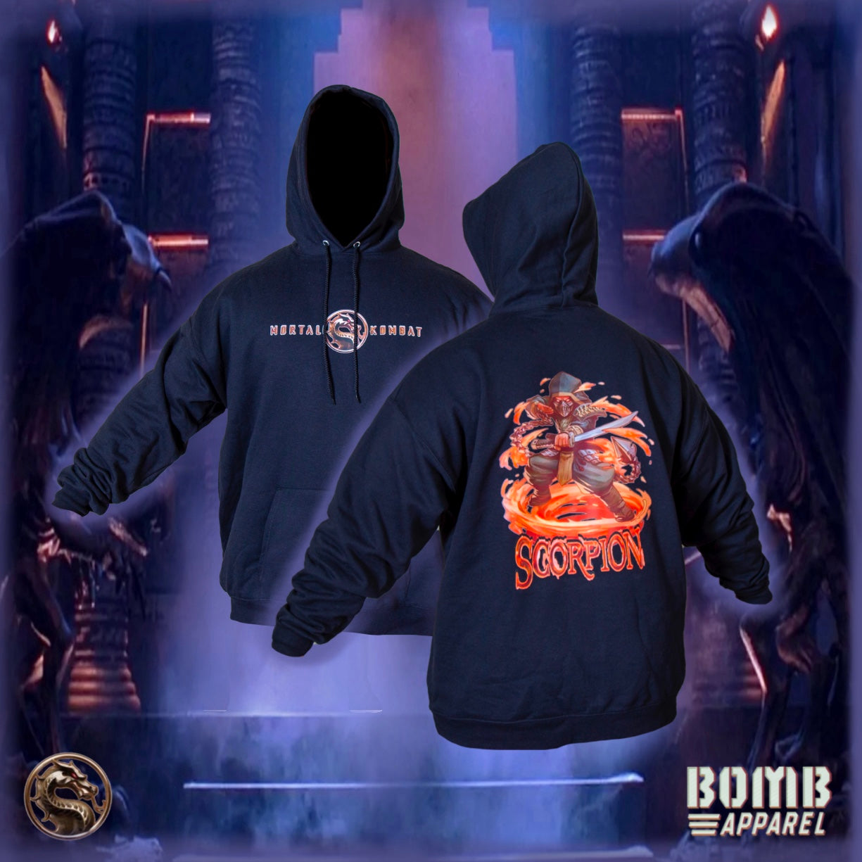 Black hoodie with 'Mortal Kombat' logo on front and 'Scorpion' design on back, with Bomb Apparel branding.