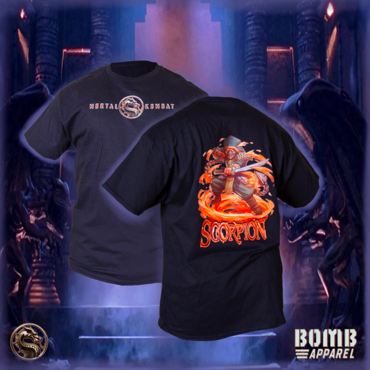 Black t-shirt with 'Scorpion' design on the back, displayed against a dark, smoky background.