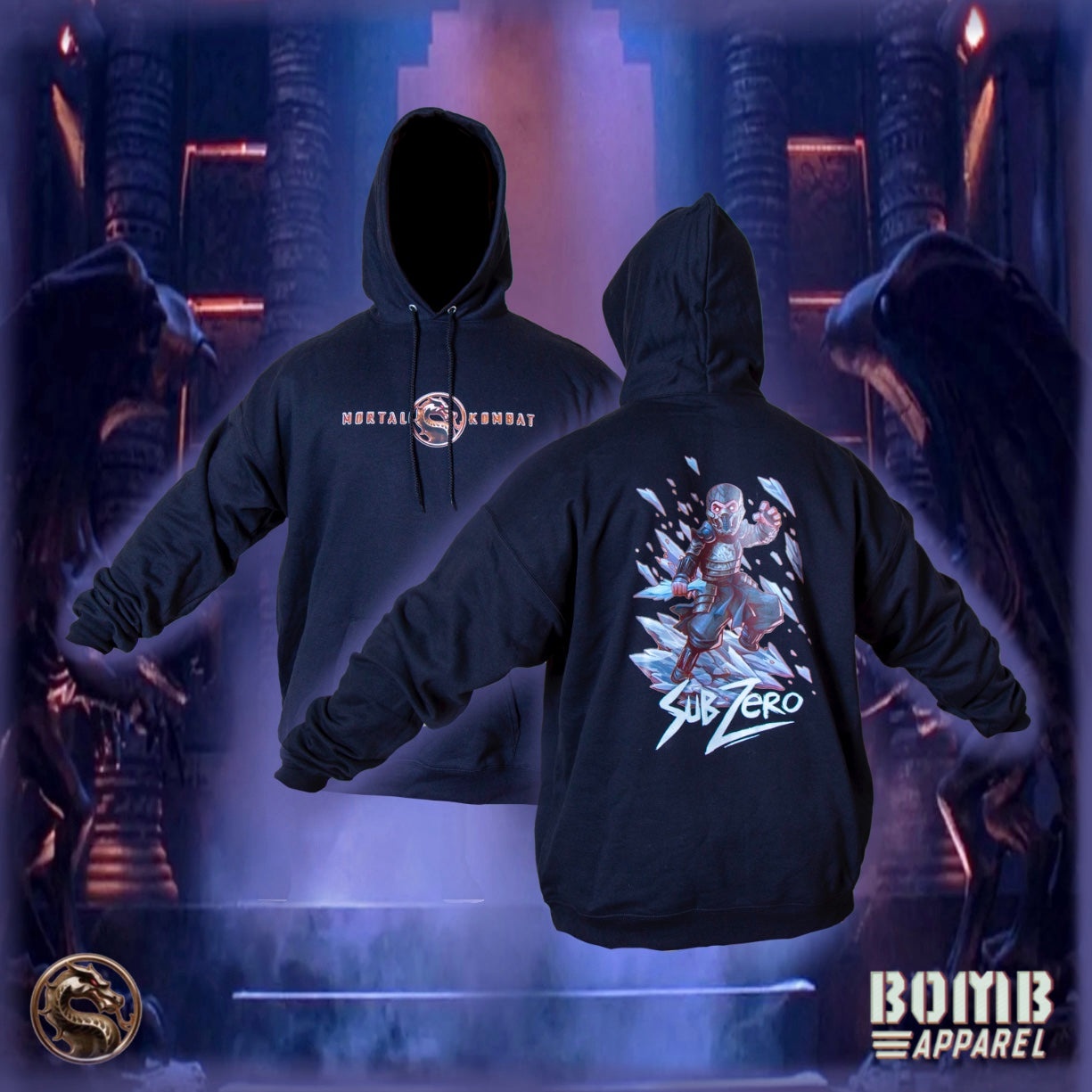 Black hoodie with 'Mortal Kombat' logo and 'Sub Zero' design on a dark background with characters.
