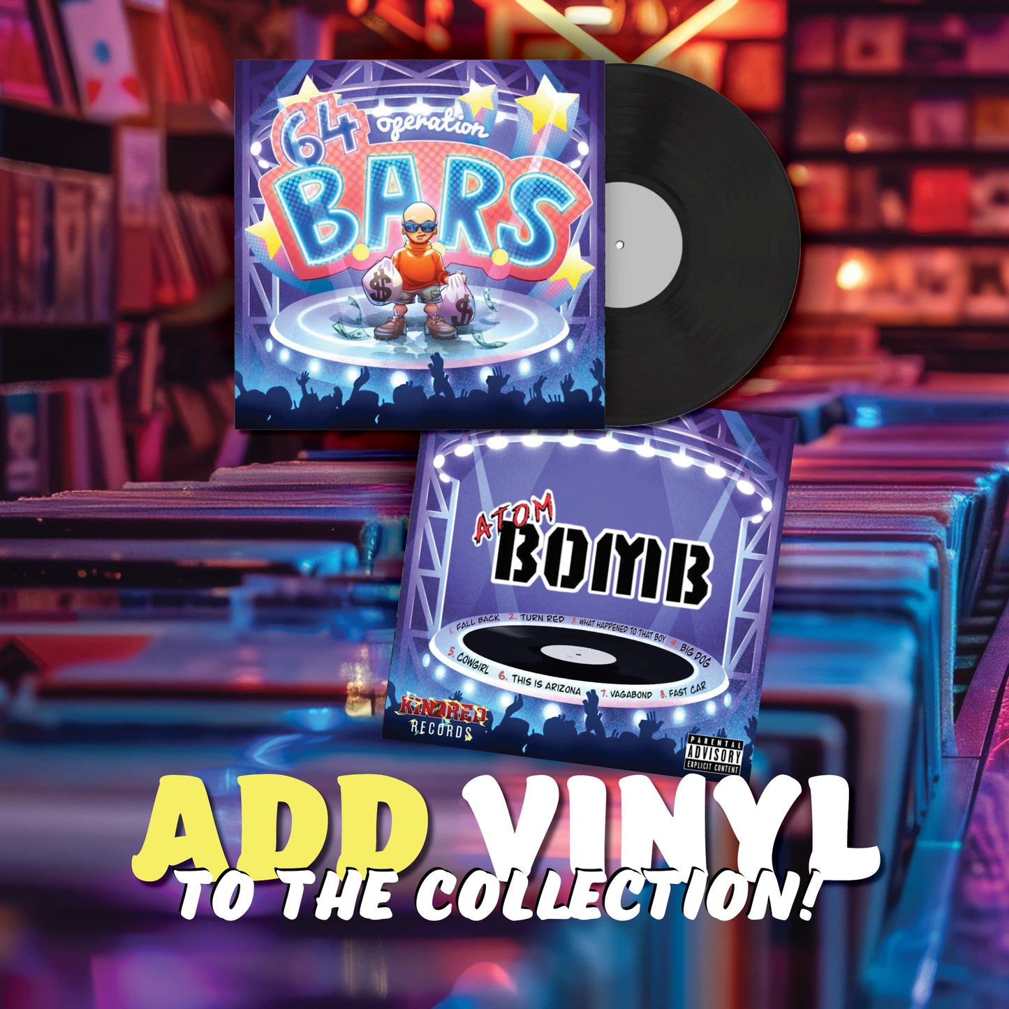 Rapper Atom Bomb, Operation: 64 B.A.R.S vinyl recording provides excellent sound quality in a collectors item thats sure to provide some of the best music available for purchase at bombapparel.com  Shop Bomb Apparel now and add the album to your song collection today.
