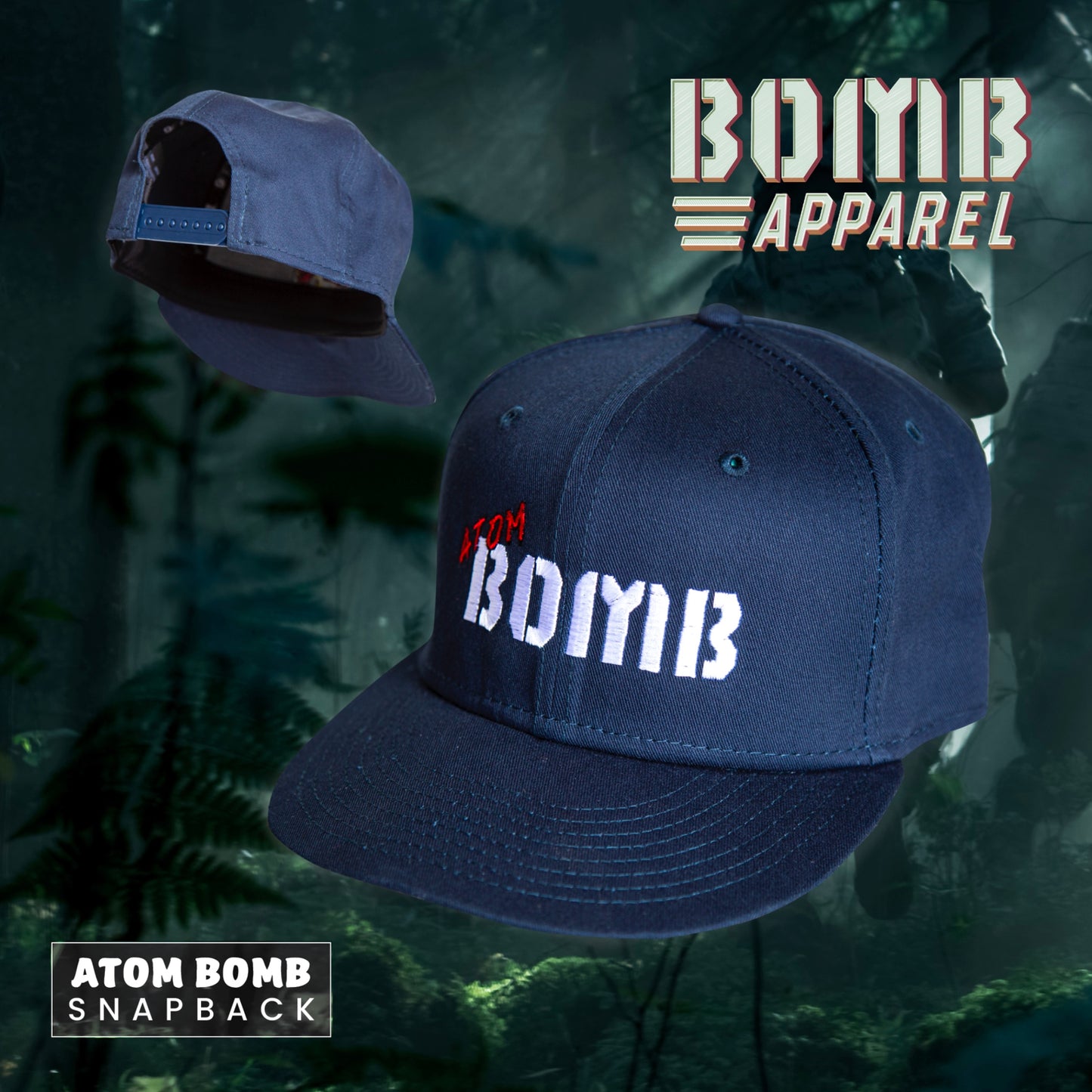 The Atom Bomb 9FIFTY Snapback features an embroidered Atom Bomb logo at the front panels and a snapback closure at the rear. Additional details include a pivot knit fabrication and a solid Navy colorway.
RAPPER ATOM BOMB OFFICIAL GEAR - The iconic Atom Bomb brand is embroidered at the front