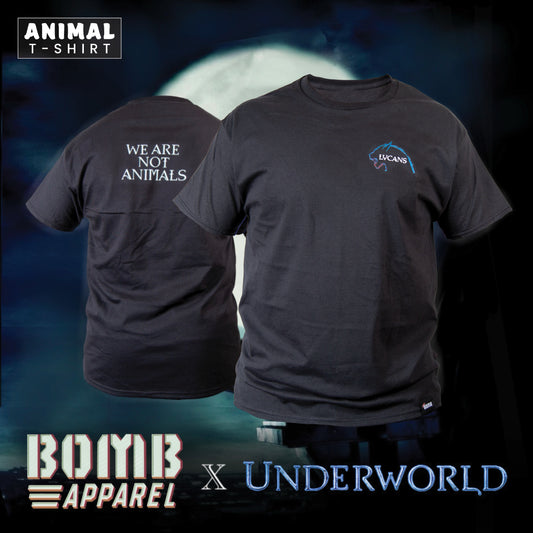 The Animal men's short-sleeve t-shirt by Bomb Apparel™ is a major collaboration with Sony Pictures Entertainment and the popular movie franchise Underworld. The cut and quality you look for in a classic crewneck tee is apparent with details like a lay-flat collar and shoulder-to-shoulder taping which are standard in a men's t-shirt designed to last. Printed on the left chest chest is the Lycan brand designed by Atom Bomb™ and on the back of the clothing it reads "we are not animals".