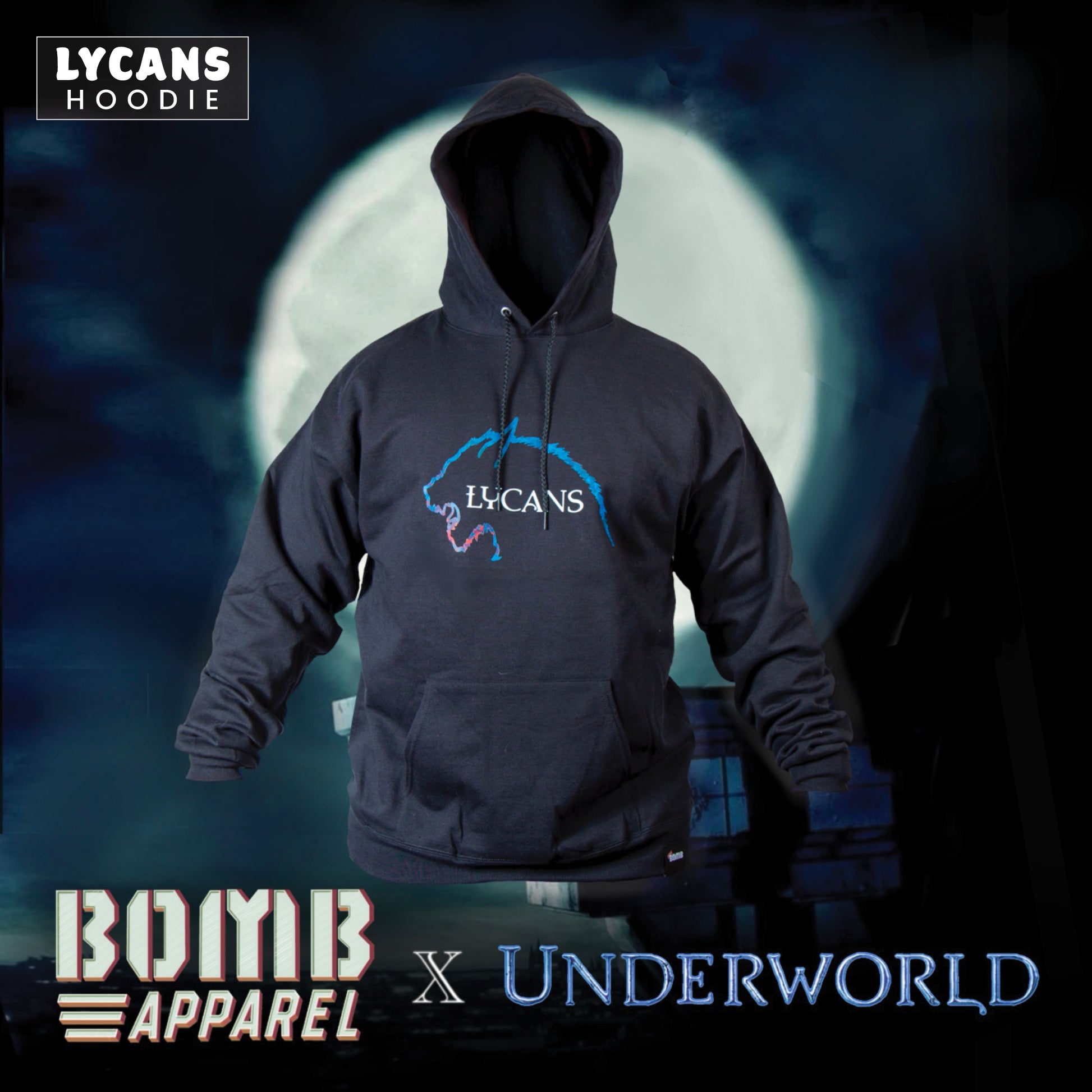 Add comfort and warmth to your wardrobe with new clothing. The Lycans men's fleece hoodie by Bomb Apparel™. A major collaboration with Sony Pictures Entertainment and the popular movie franchise Underworld. The cozy hooded pullover brings the ferocity of the vampire and werewolf battles yet made with cotton for a feel-good finish. Crafted with the quality you expect in a high end fashion sweatshirt.