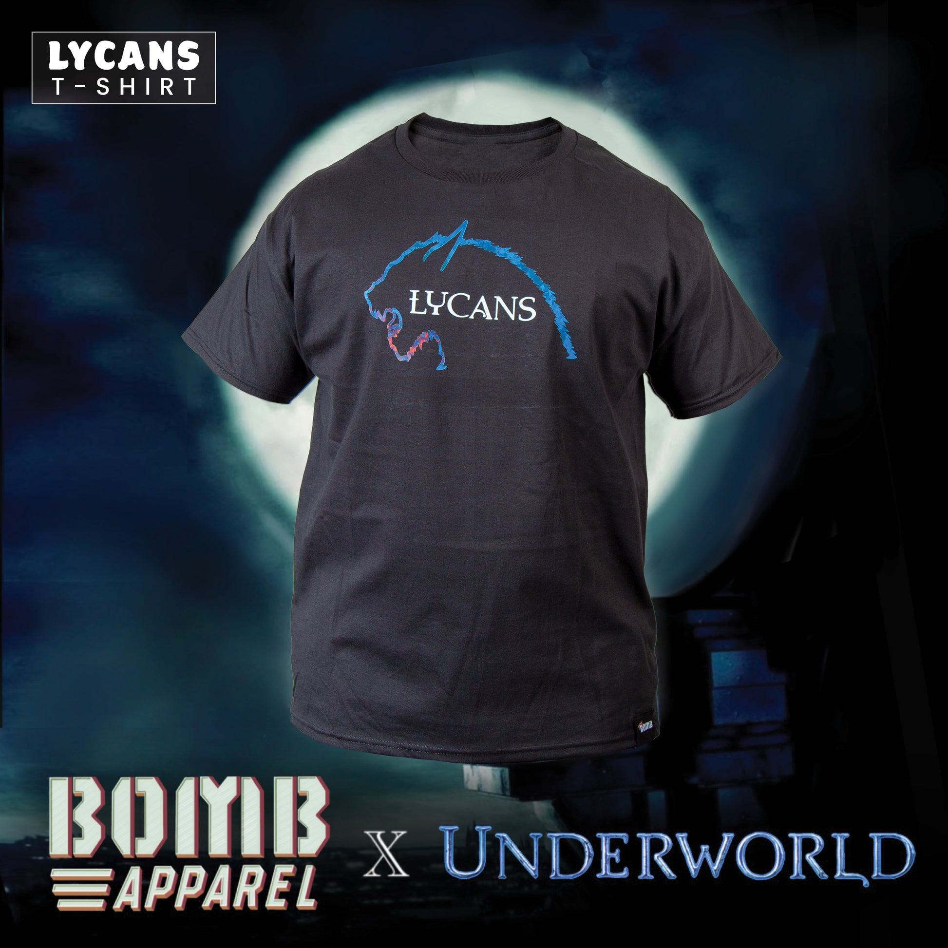 The Lycans men's short-sleeve t-shirt by Bomb Apparel™ is a major fashion collaboration with Sony Pictures Entertainment and the popular movie franchise Underworld. The cut of clothing quality you look for in a classic crewneck tee is apparent with details like a lay-flat collar and shoulder-to-shoulder taping which are standard in a men's t-shirt designed to last. The vampire and werewolf battles are the inspiration for what is printed across the front, a illustration designed by Atom Bomb™ of a werewolf