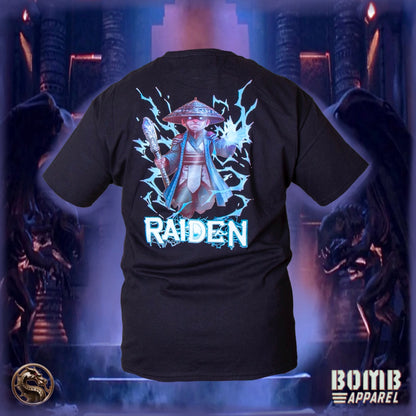 Black t-shirt with 'Raiden' graphic design on a dark background