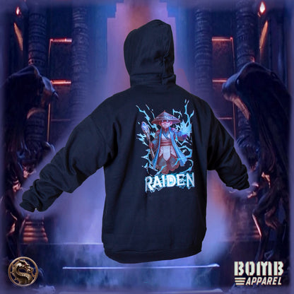 Black hoodie with 'RAIDEN' graphic from Mortal Kombat on the back, worn by a person in a dark, futuristic setting.