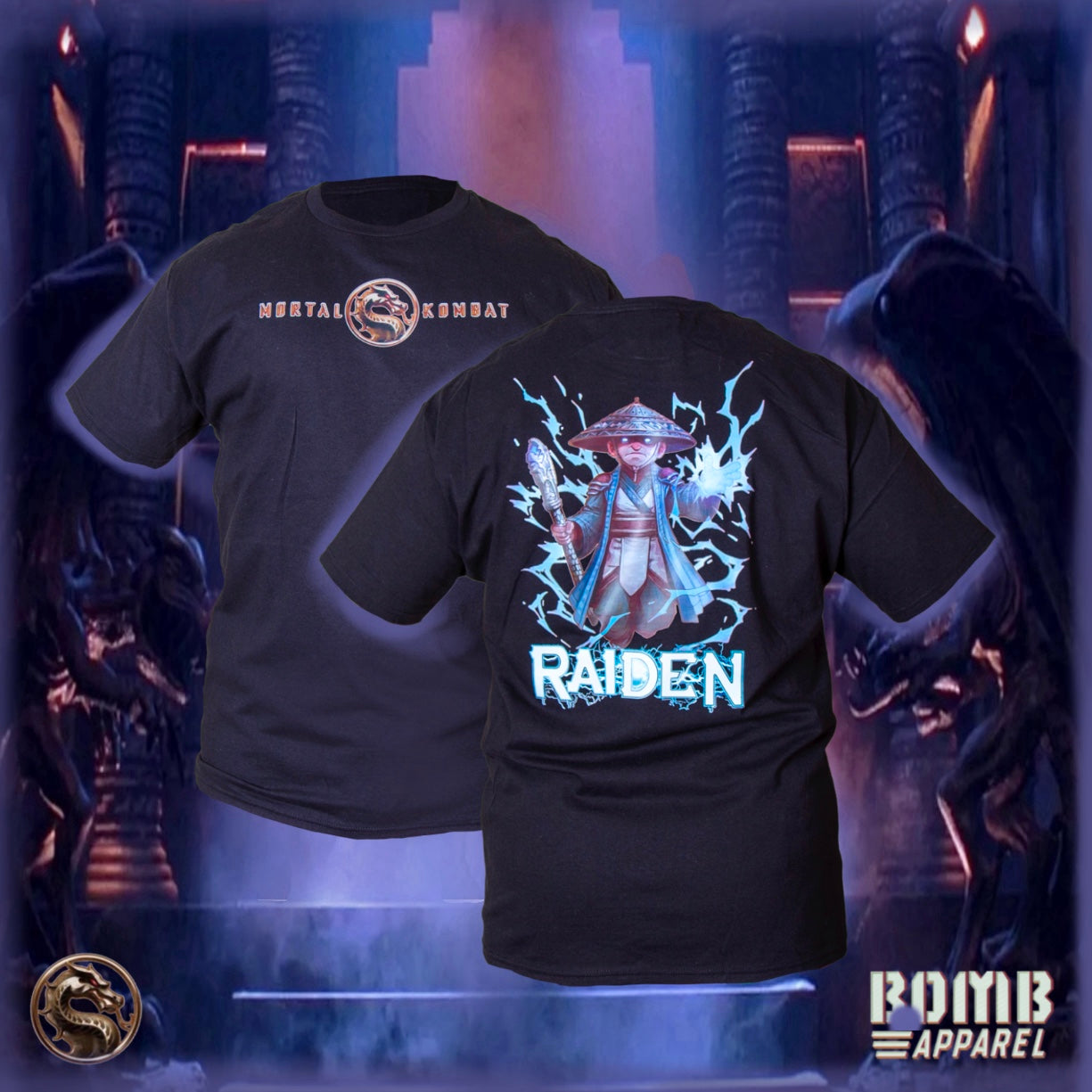 Black t-shirt with 'Mortal Kombat' logo and Raiden on a dark background