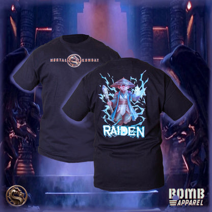 Black t-shirt with 'Mortal Kombat' logo and Raiden on a dark background