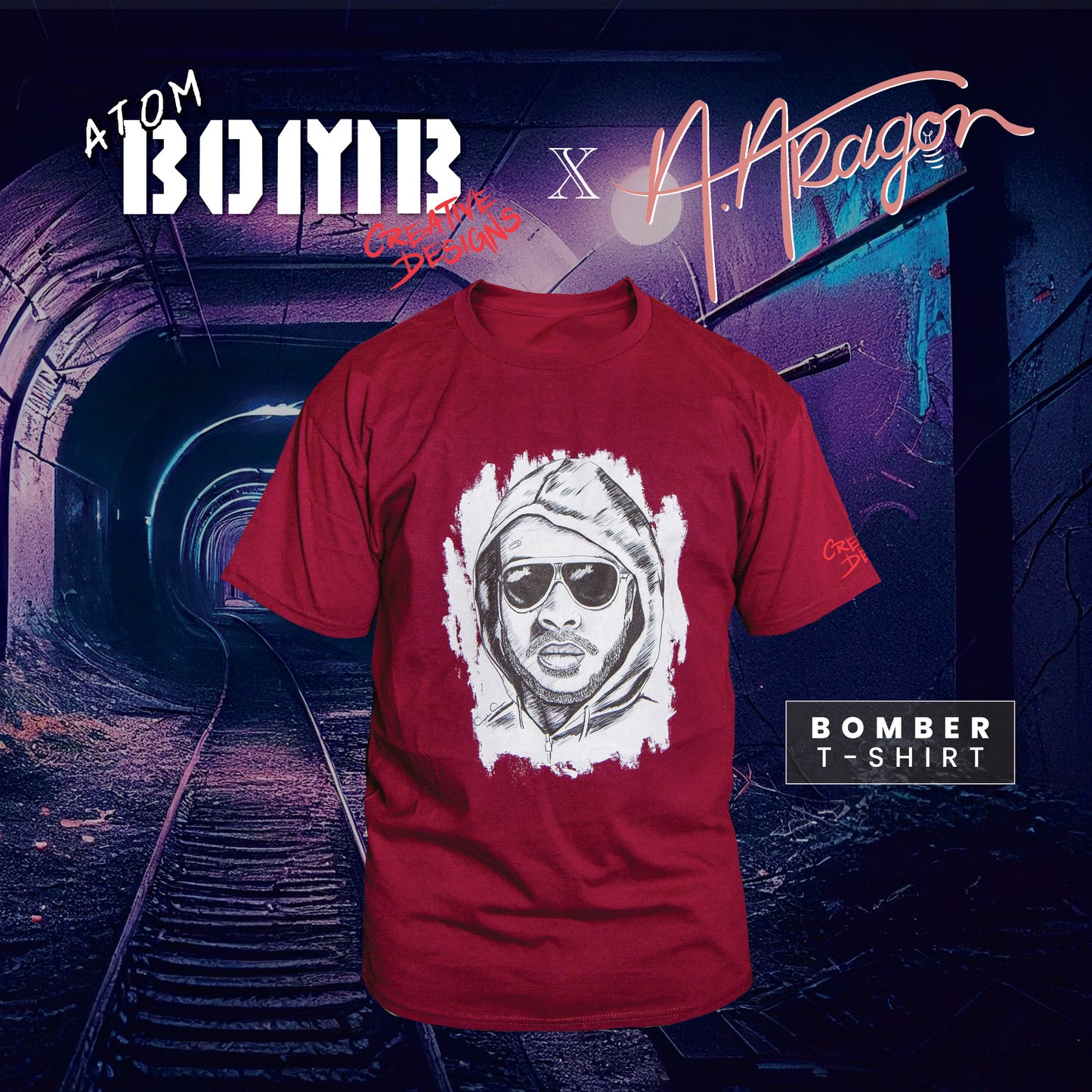 the Bomber men's short-sleeve t-shirt by Atom Bomb delivers the cut and quality you look for in a classic crewneck tee. Details like a lay-flat collar and shoulder-to-shoulder taping are standard in a men's t-shirt designed to last. Printed across the front is a menacing illustration of rapper Atom Bomb drawn by Phoenix illustrator Angelina Aragon and inspired by the police sketch of Unibomber Ted Kaczynski.