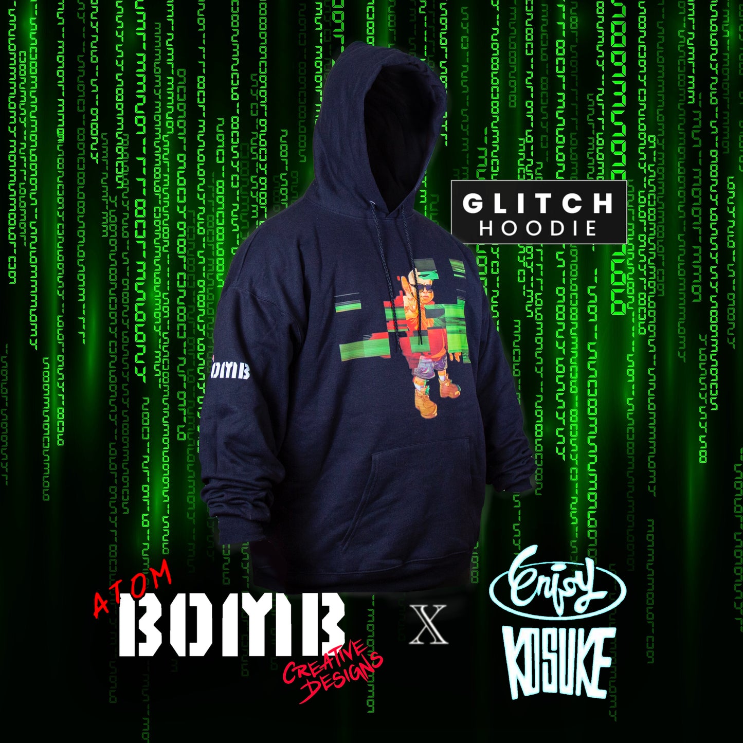 A black men's fleece hoodie with an illustration of Atom Bomb on the front, featuring a hood and ribbed cuffs. The logos of Atom Bomb and the creative design team are visible, and the hoodie is presented against a green background with pixelated code graphics.