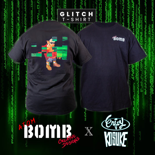 A black men's t-shirt with an illustration of Atom Bomb in the center, featuring a digital code pattern on the sleeves, and the logos of Atom Bomb and Kosuke Miyagi on the front and back.