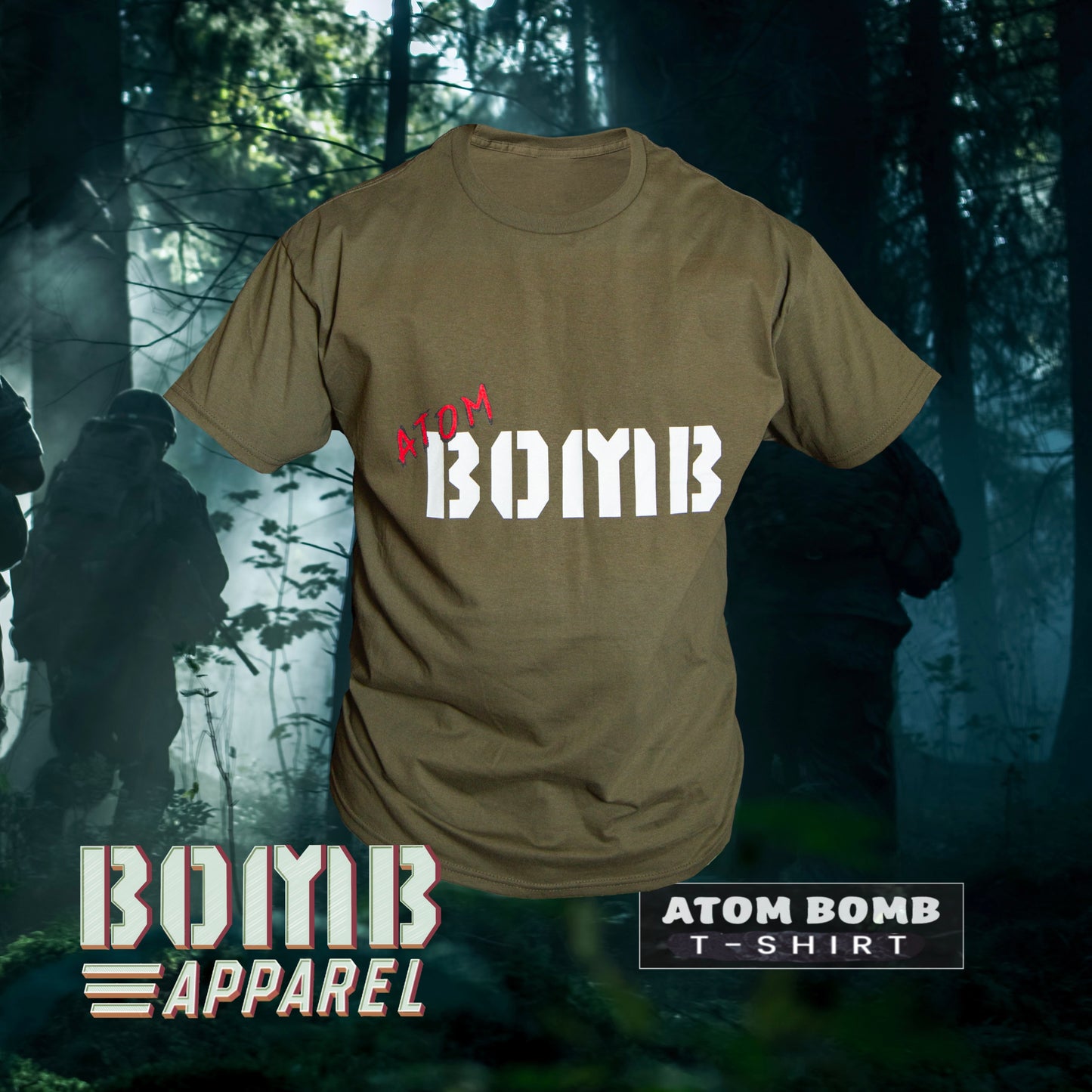 Men's olive green t-shirt with 'ATOM BOMB' text printed across the chest, displayed in a forest setting.