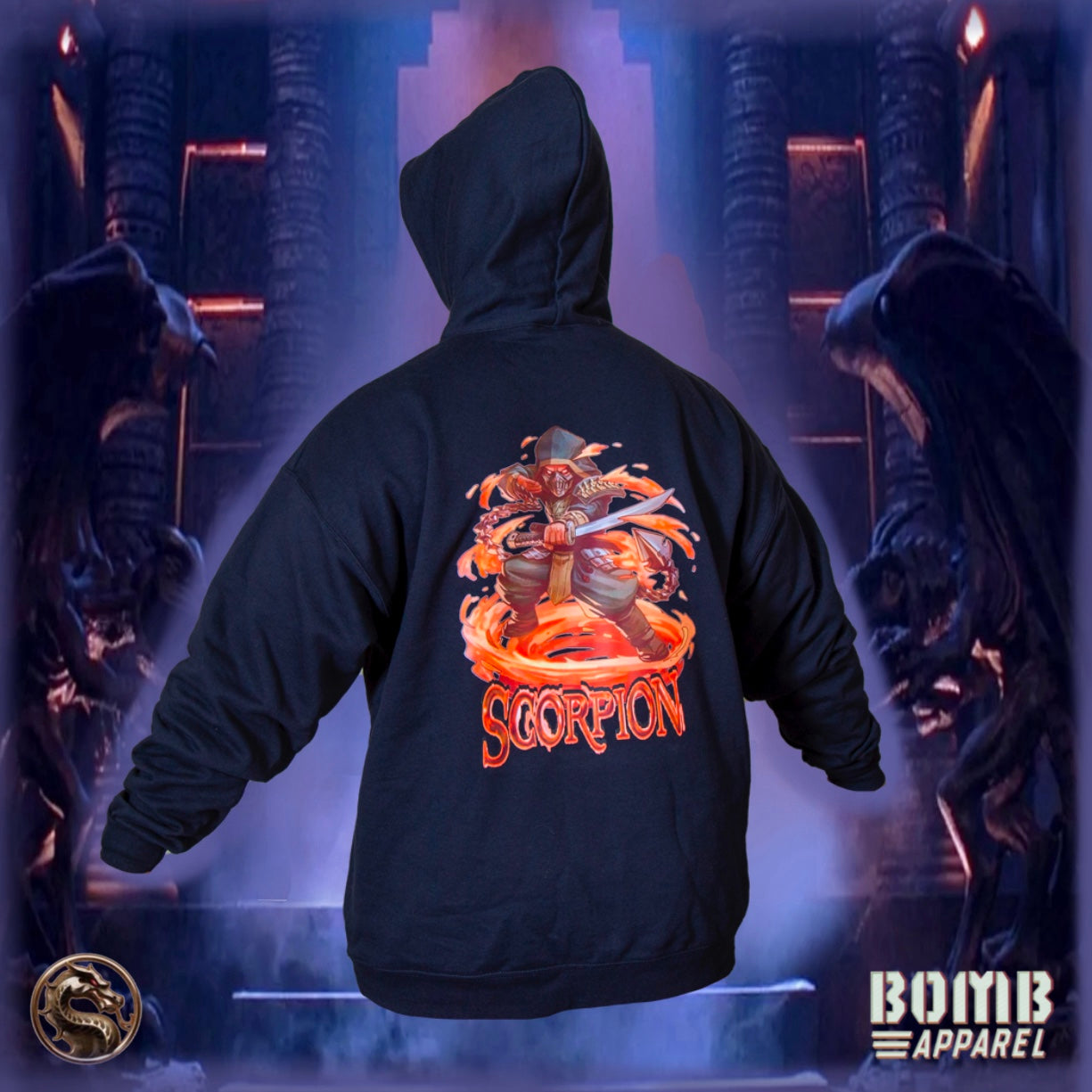 Black hoodie with 'Scorpion' design on the back, displayed against a dark background with a brand logo.