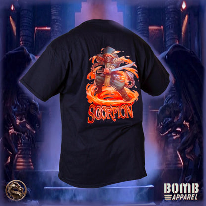 Black t-shirt with 'Scorpion' design on the back, displayed against a dark, mystical background.