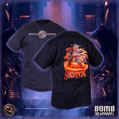 Black t-shirt with 'Scorpion' design on the back, displayed against a dark, smoky background.