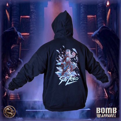 Person wearing a black hoodie with 'Sub Zero' design and 'Bomb Apparel' branding.