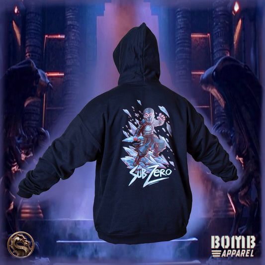 Person wearing a black hoodie with 'Sub Zero' design and 'Bomb Apparel' branding.