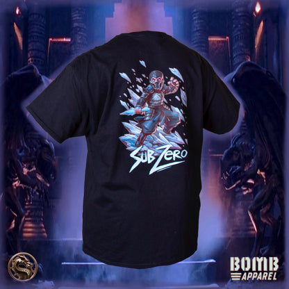 Black t-shirt with 'Sub Zero' graphic design on the back from rapper Atom Bomb and Bomb Apparel