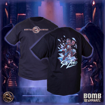 Black t-shirt with 'Mortal Kombat' design on front and 'Sub Zero' design on back, against a dark background.
