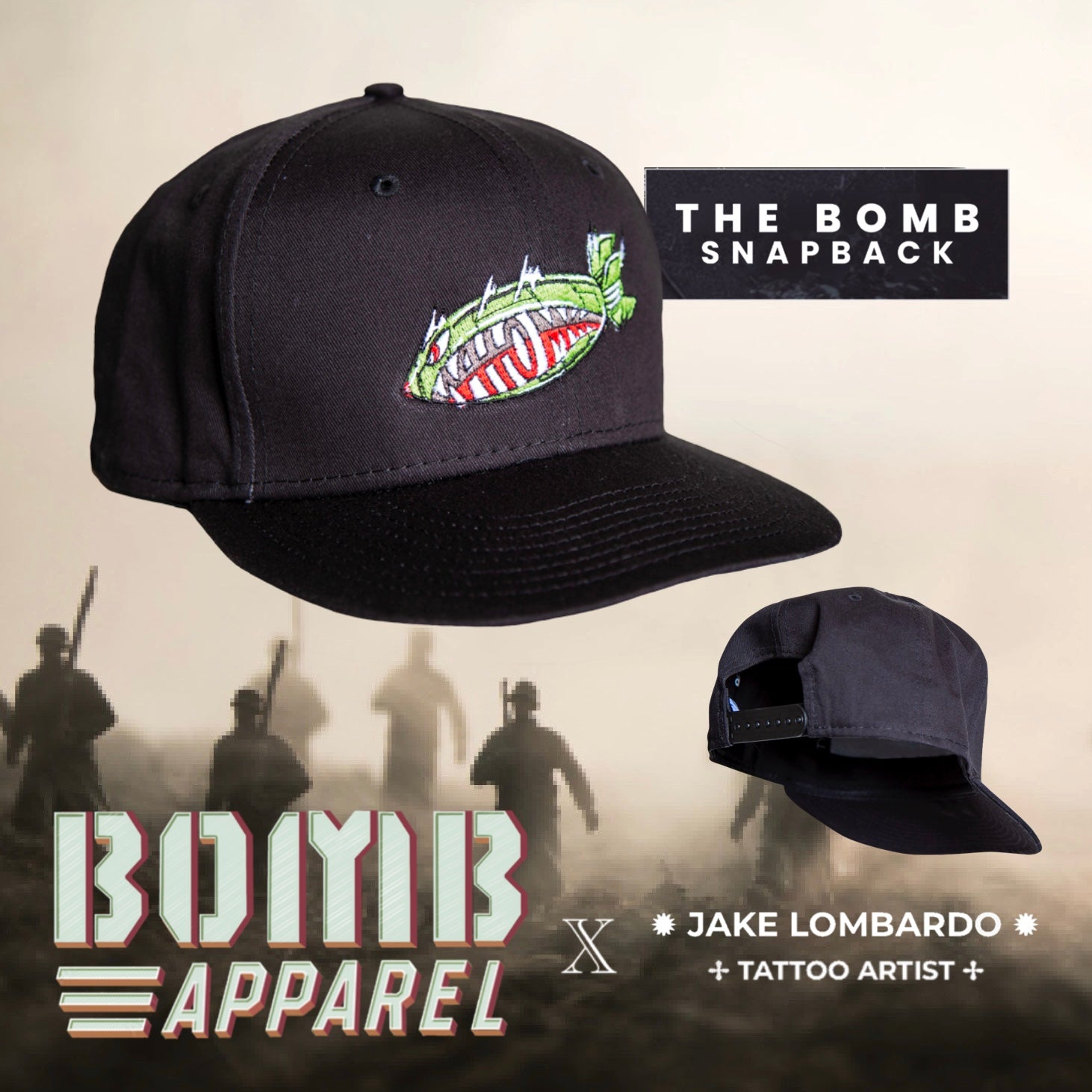 The image shows a black 9FIFTY snapback cap with The Original Atom Bomb logo embroidered in the center, designed by Jake Lombardo. The cap is displayed in two different angles, one showing the front view with the logo, and the other showing the back view with a subtle 'BOYB' logo on the back panel.