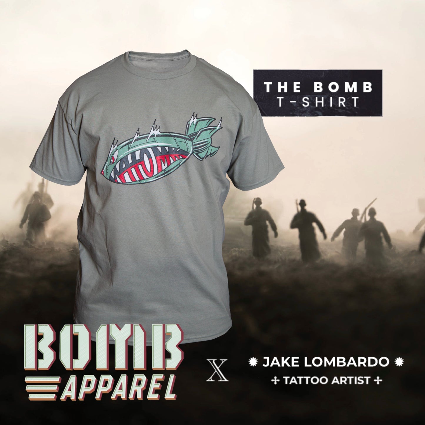 Men's short-sleeve t-shirt in stonewash green with 'The Bomb' graphic print and the Rapper Atom Bombs original logo designed by Jake Lombardo.