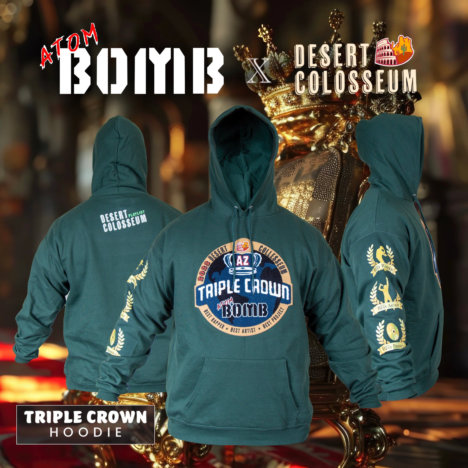 Commemorating Rapper Atom Bomb winning 3 Arizona Sound Awards in 2023 for his music comes the Triple Crown men's fleece hoodie by The Desert Colosseum. This hooded pullover in collab with Bomb Apparel is a staple in Hip Hop and made with cotton sourced from American farms for a feel-good finish. Crafted with the quality you expect in a high end fashion sweatshirt, it's made to hold its shape thanks to double-needle stitching at the clothing neck and armholes. You'll appreciate classic hoodie details.