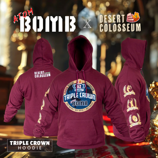 Commemorating Rapper Atom Bomb winning 3 Arizona Sound Awards in 2023 for his music comes the Triple Crown men's fleece hoodie by The Desert Colosseum. This hooded pullover in collab with Bomb Apparel is a staple in Hip Hop and made with cotton sourced from American farms for a feel-good finish. Crafted with the quality you expect in a high end fashion sweatshirt, it's made to hold its shape thanks to double-needle stitching at the clothing neck and armholes. You'll appreciate classic hoodie details.
