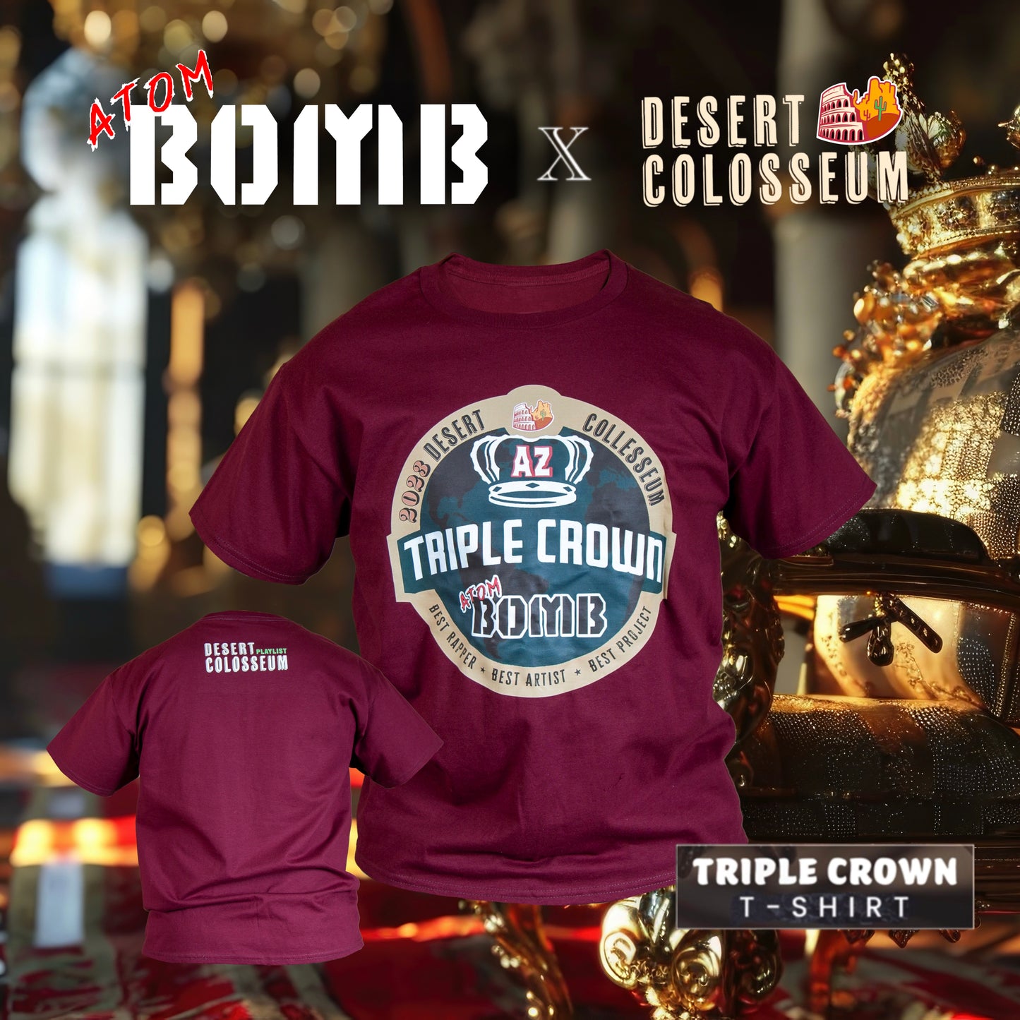 Commemorating Rapper Atom Bomb winning 3 Arizona Sound Awards for music in 2023 comes the Triple Crown men's short-sleeve t-shirt presented to the Hip Hop recording artist by The Desert Colosseum. Delivering the cut and quality of clothing in collaboration with Bomb Apparel you look for in a classic crewneck fashion tee.