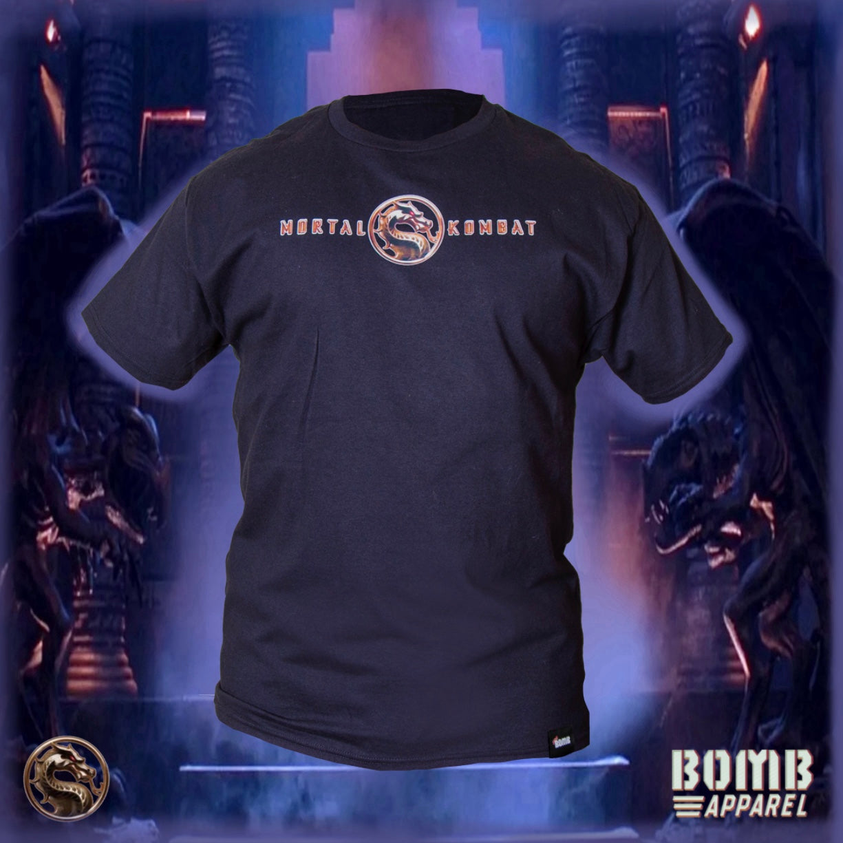 Black t-shirt with 'Mortal Kombat' logo on a dark background with character silhouettes.