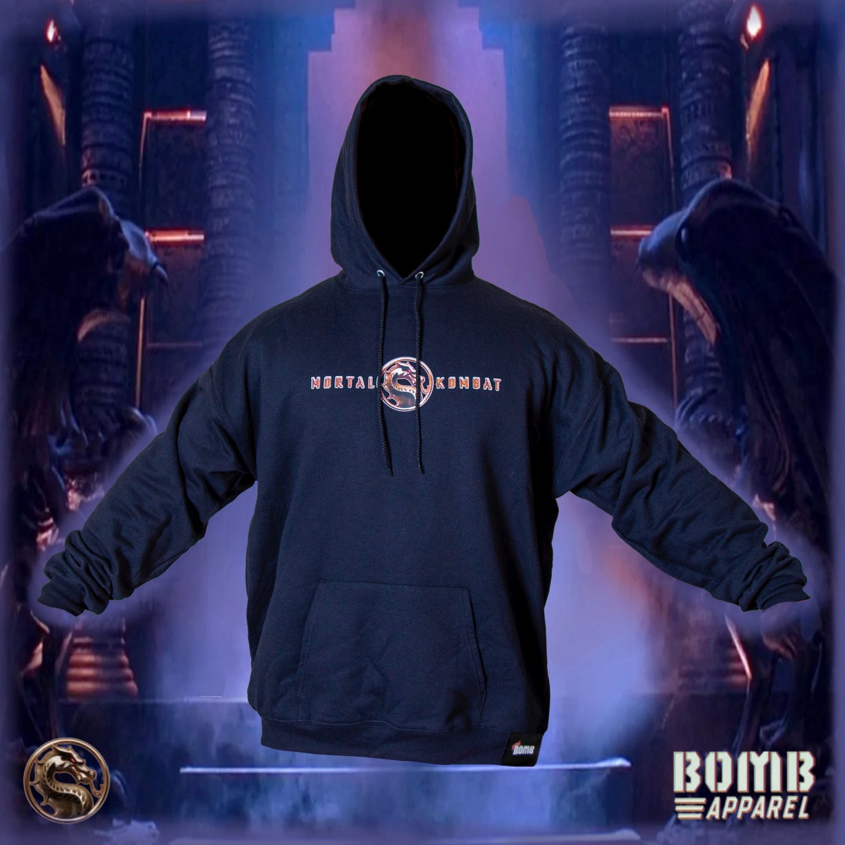 Black hoodie with 'Mortal Kombat' logo in a dark, action-themed setting